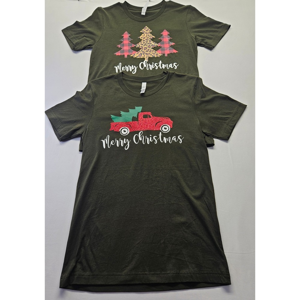 Bella Canvas Merry Christmas Graphic T-Shirt Set Olive Green Truck Tree Women S